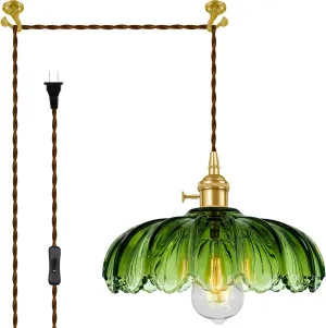 Plug-in Pendant Light Fixture, Hanging Light Fixture, Glass Pendant Light, Swag Lamp with Inline On/Off Switch for Kitchen Island, Bedroom, Dining Room, Living Room (Green Lotus, Plug-in)