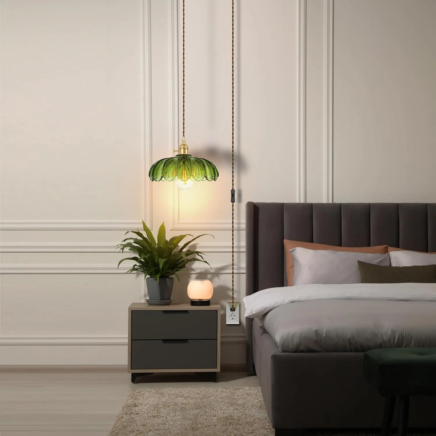 Plug-in Pendant Light Fixture, Hanging Light Fixture, Glass Pendant Light, Swag Lamp with Inline On/Off Switch for Kitchen Island, Bedroom, Dining Room, Living Room (Green Lotus, Plug-in)