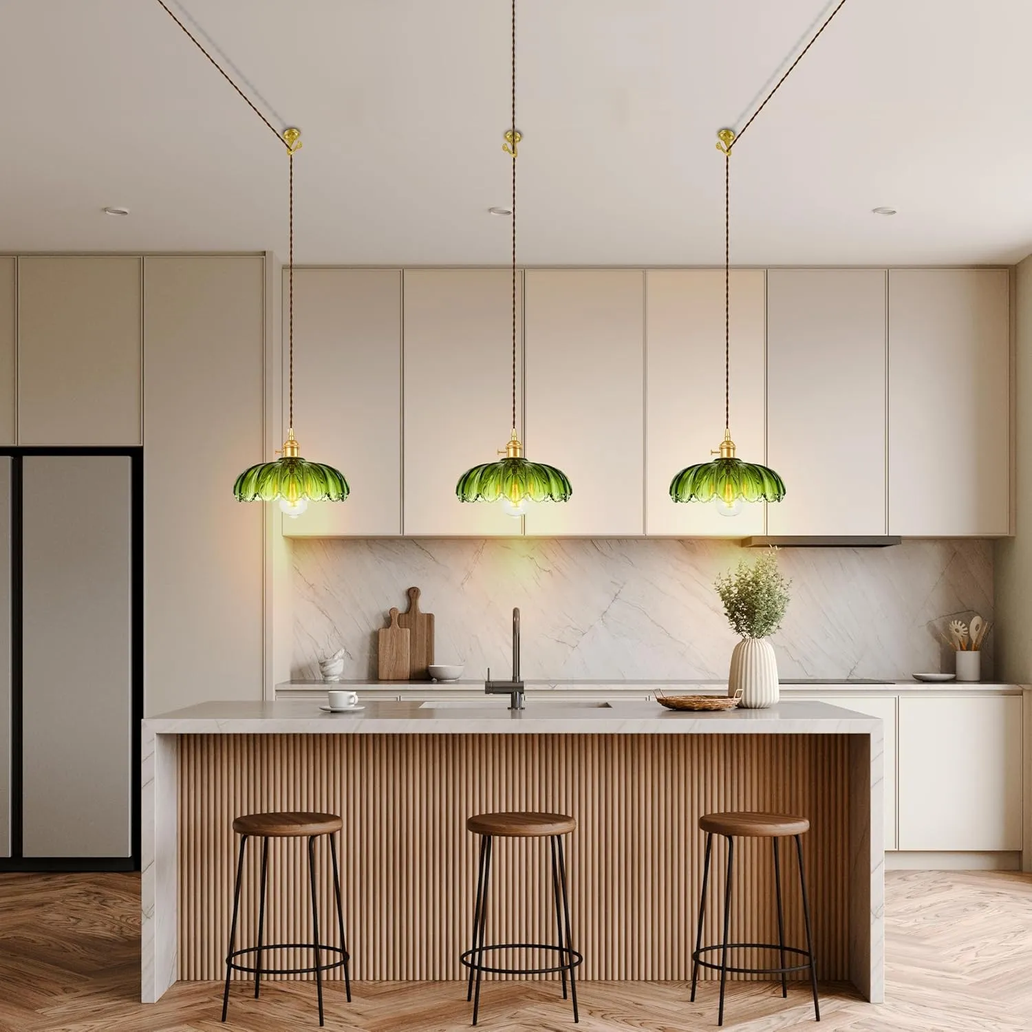 Plug-in Pendant Light Fixture, Hanging Light Fixture, Glass Pendant Light, Swag Lamp with Inline On/Off Switch for Kitchen Island, Bedroom, Dining Room, Living Room (Green Lotus, Plug-in)