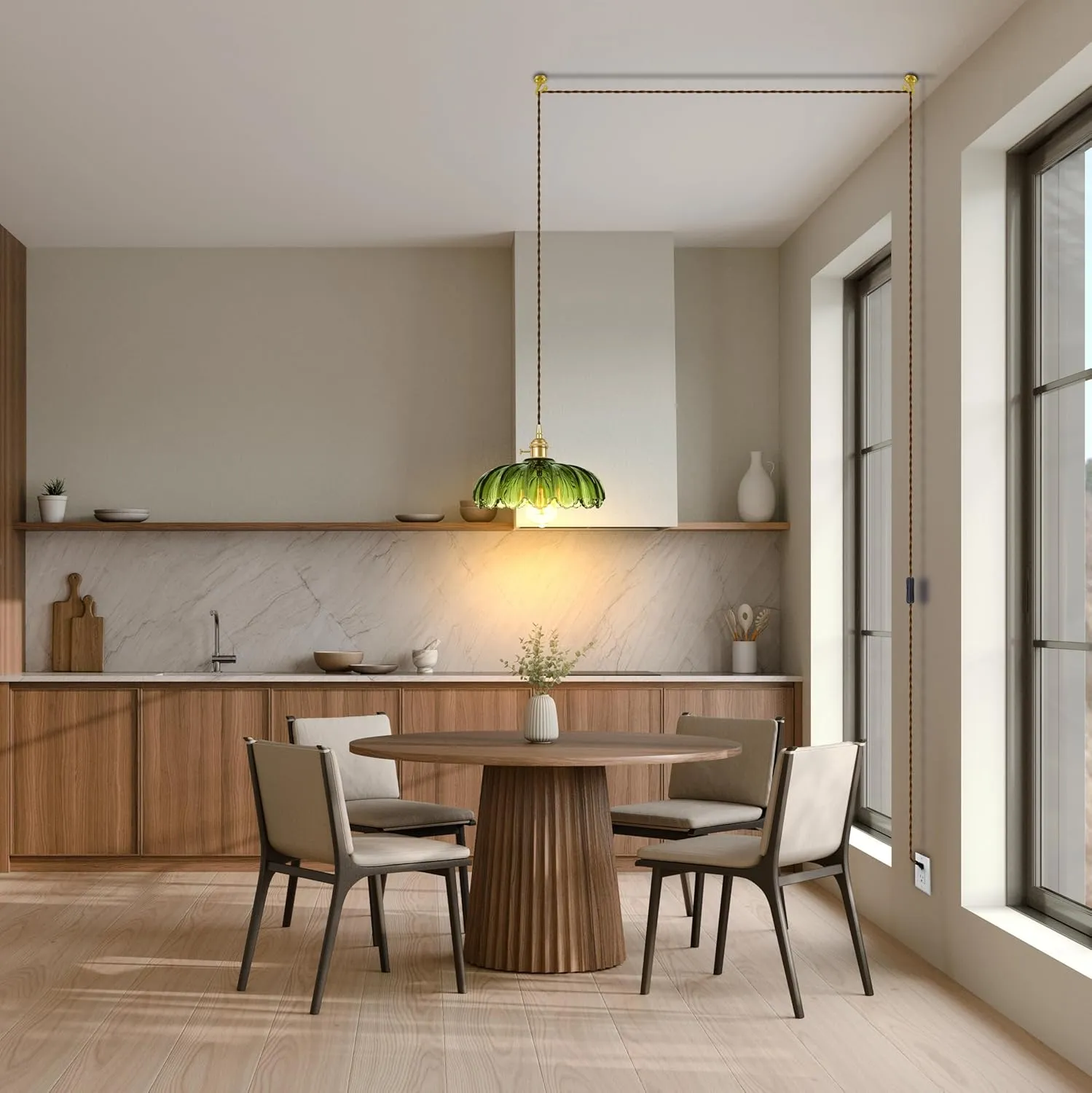 Plug-in Pendant Light Fixture, Hanging Light Fixture, Glass Pendant Light, Swag Lamp with Inline On/Off Switch for Kitchen Island, Bedroom, Dining Room, Living Room (Green Lotus, Plug-in)