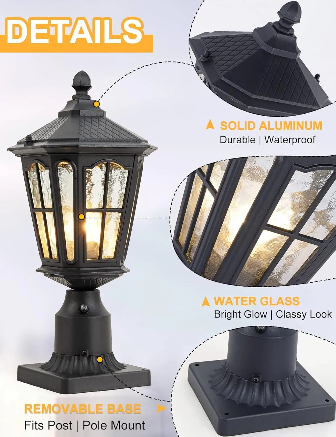 Post Light Outdoor with 3-Inch Pier Mount Base, 17''H Exterior Post Light Fixture,Waterproof IP65 Classic Die Cast Aluminum with Water Ripple Glass, E26 Base 60W Max,Matte Black