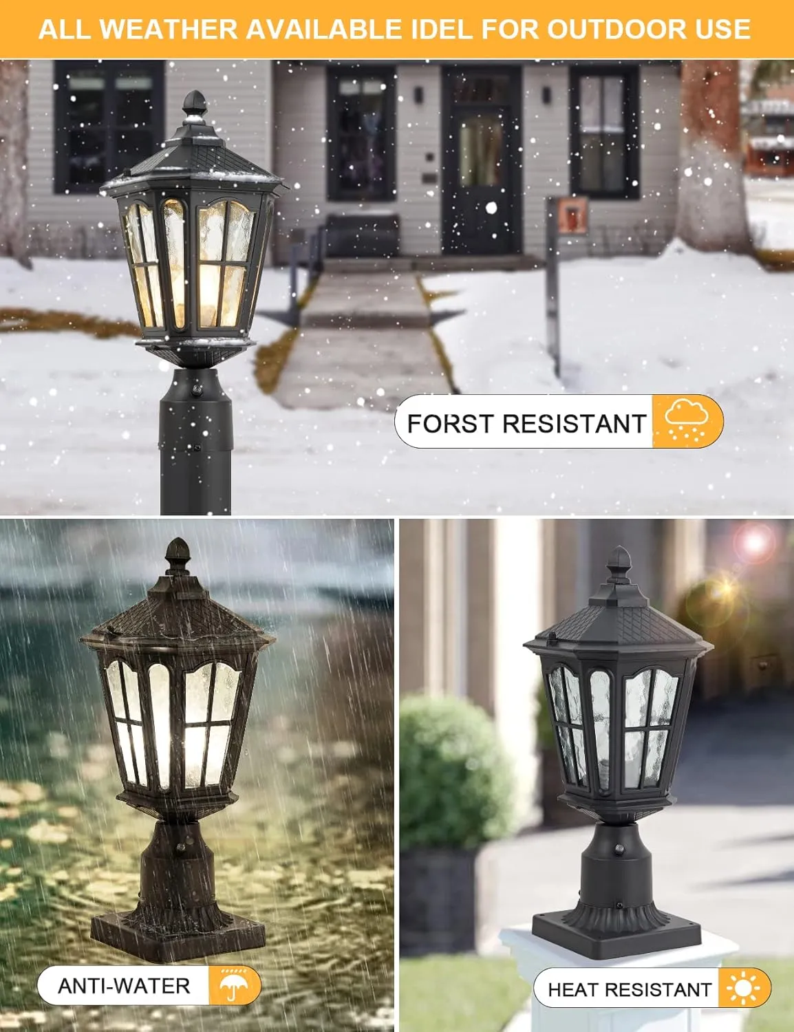 Post Light Outdoor with 3-Inch Pier Mount Base, 17''H Exterior Post Light Fixture,Waterproof IP65 Classic Die Cast Aluminum with Water Ripple Glass, E26 Base 60W Max,Matte Black