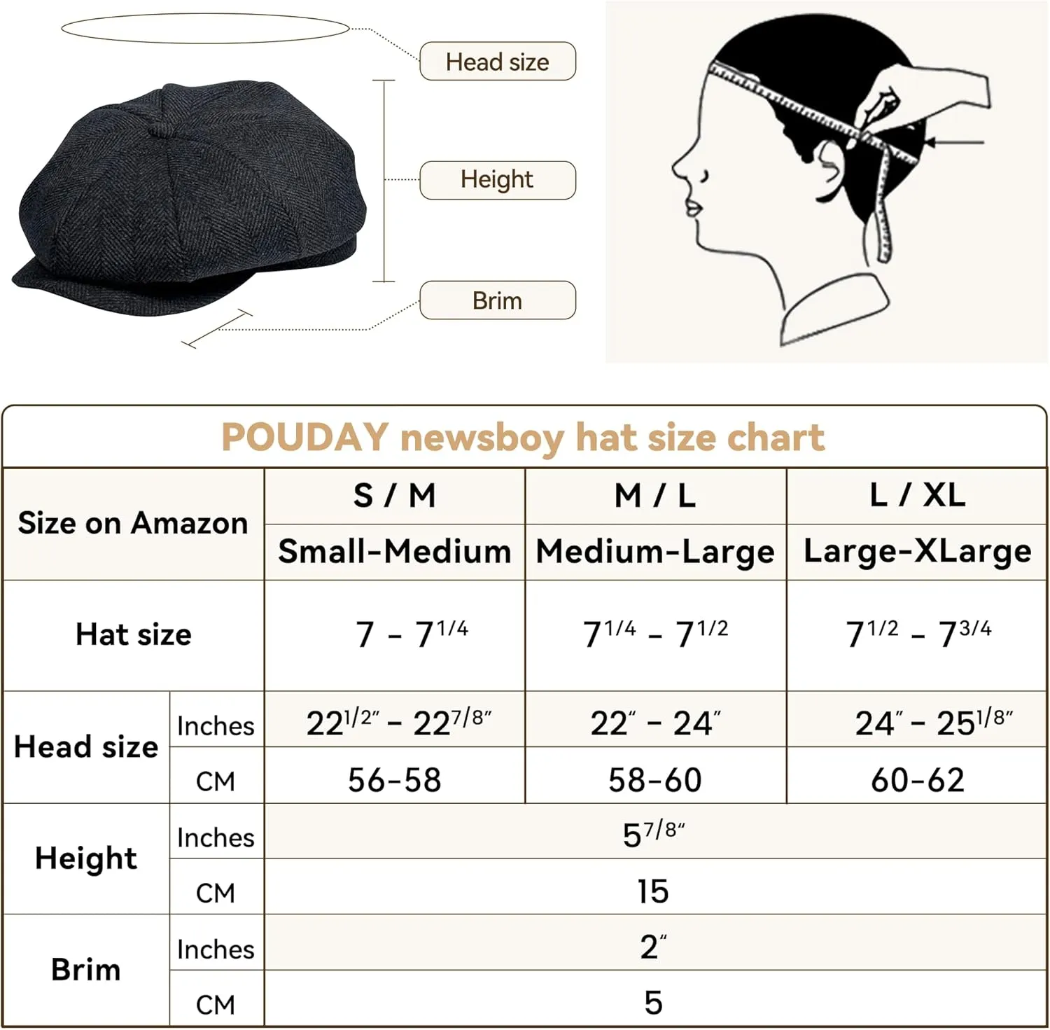 POUDAY Newsboy Cap for Men - Irish Newsies Cabbie Hat - Flat Winter Hat
