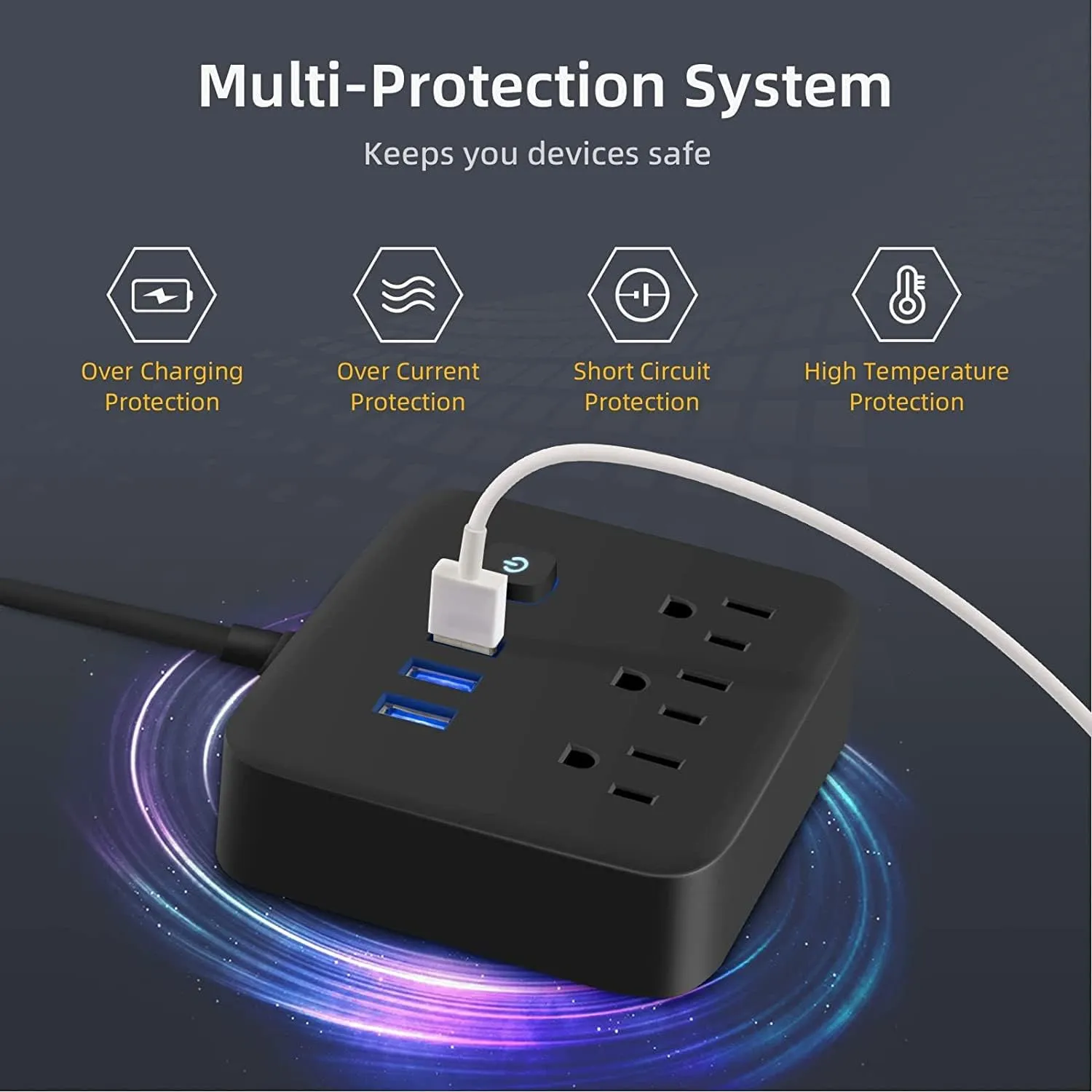 Power Strip Surge Protector USB Ports, Power Bar Outlets Ports Desktop Charging Station, Flat Plug, Wall Mount, Extension Cord,with Night Light Station for Cruise Ship,Home,Office, Black