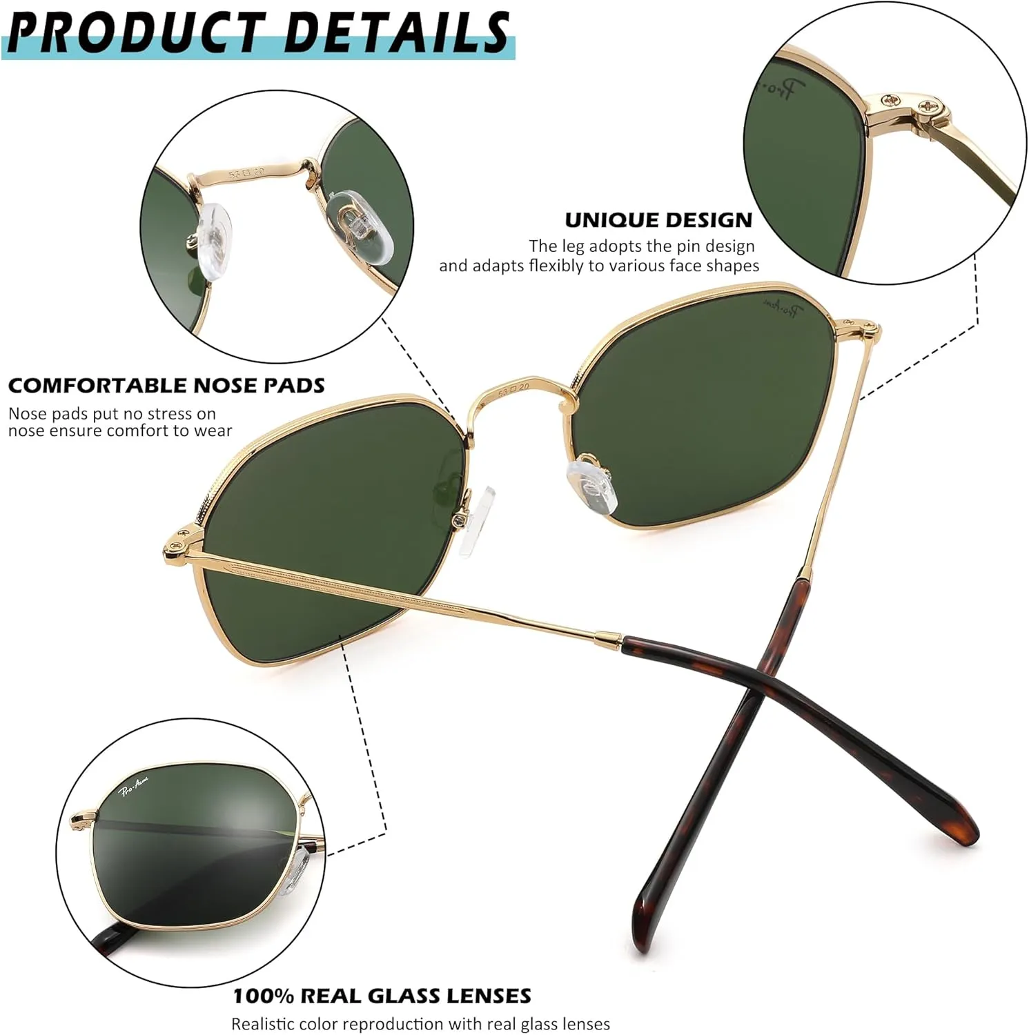 Pro Acme Classic Sunglasses for Women Men Hexagonal Flat Metal Frame Trendy Square Shades Sunglasses 100% Real Glass Lens