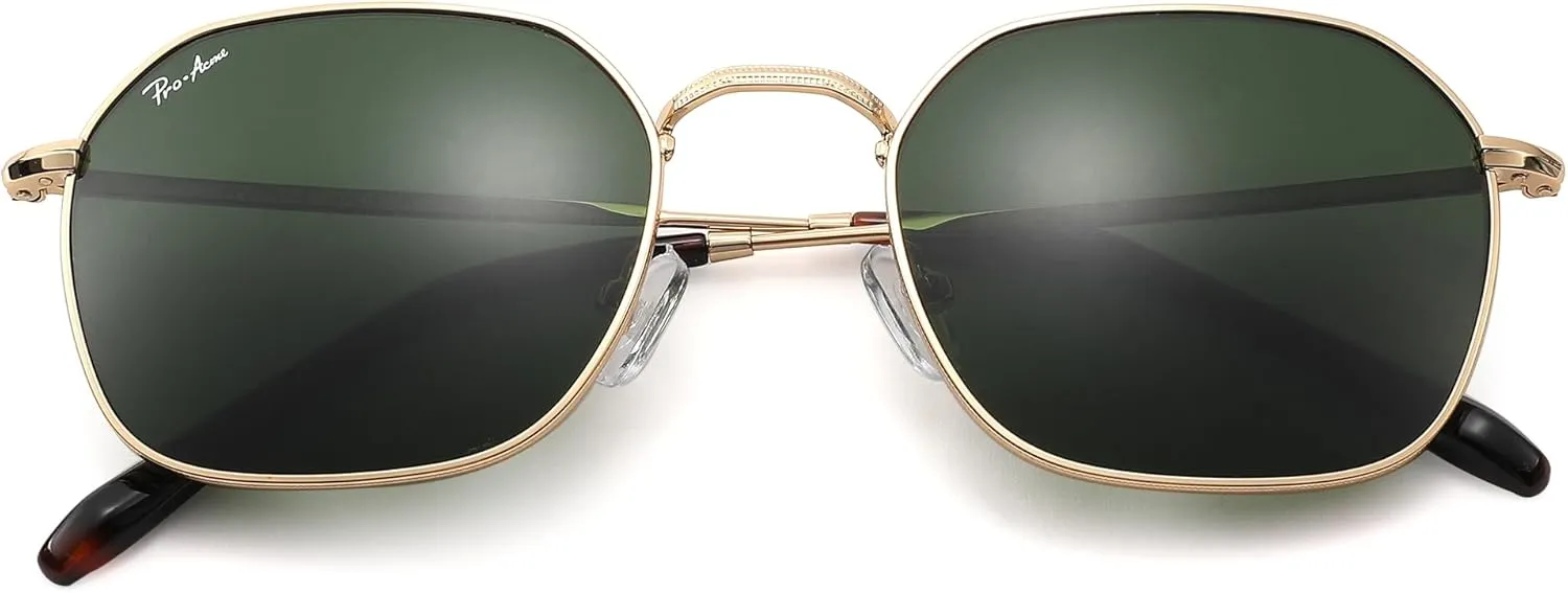 Pro Acme Classic Sunglasses for Women Men Hexagonal Flat Metal Frame Trendy Square Shades Sunglasses 100% Real Glass Lens