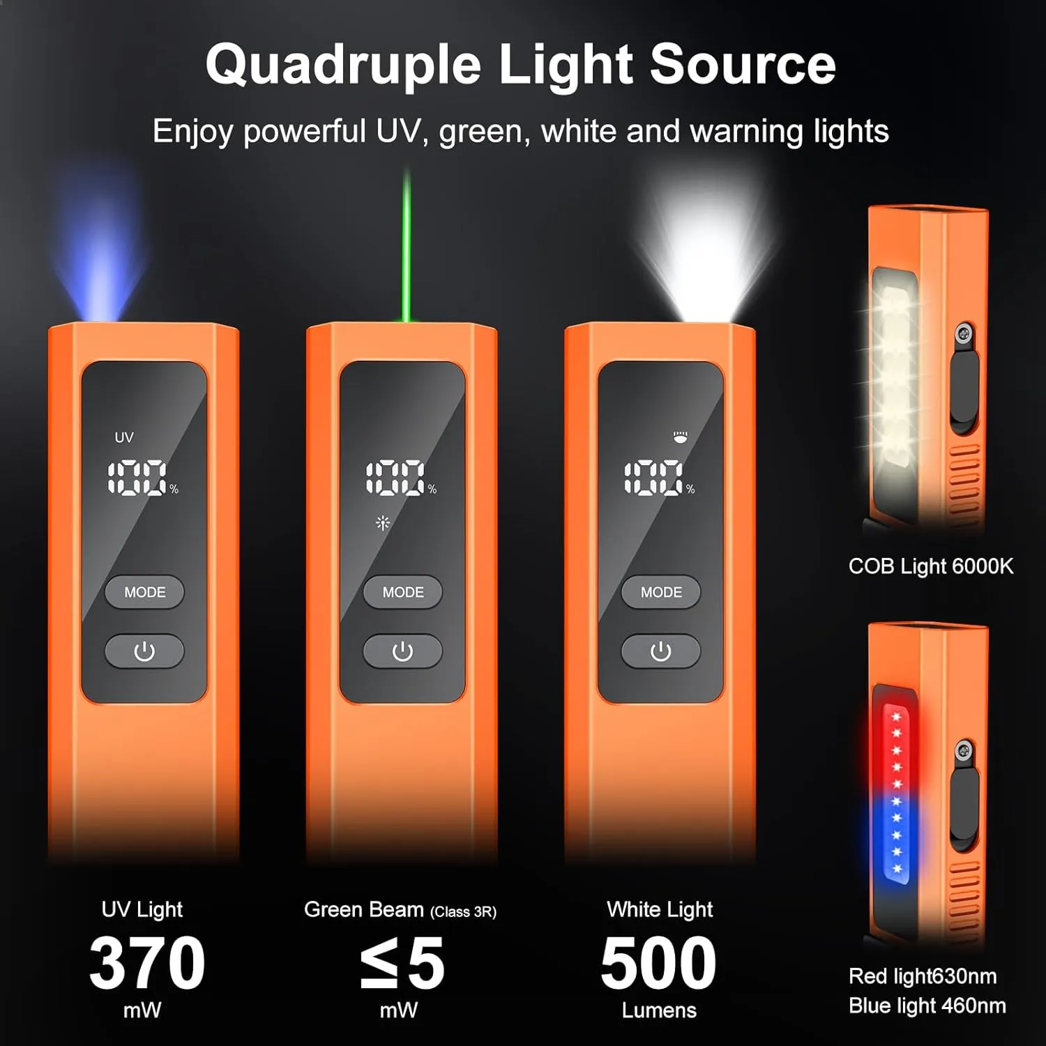 PRO EDC Flashlight Flat with Green Beam, UV Light and 500LM White Light LED Combo, IPX4, Portable Pocket Flash Lights with Magnet for Outdoors Camping and Travel (Orange)
