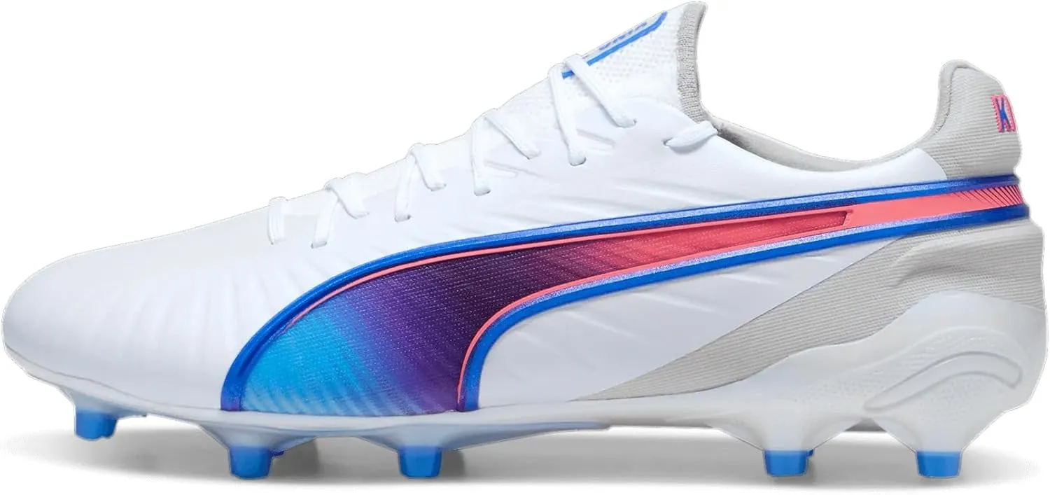 Puma King Ultimate Firm Ground Cleats - Non-Animal-Based Upper Material, GripControl 3D, OrthoLite Memory Foam Padding, Ideal for Firm or Artificial Surfaces (White/Bluemazing/Flat Light Gray, US Footwear Size System, Adult, Men, Numeric, Medium, 9)