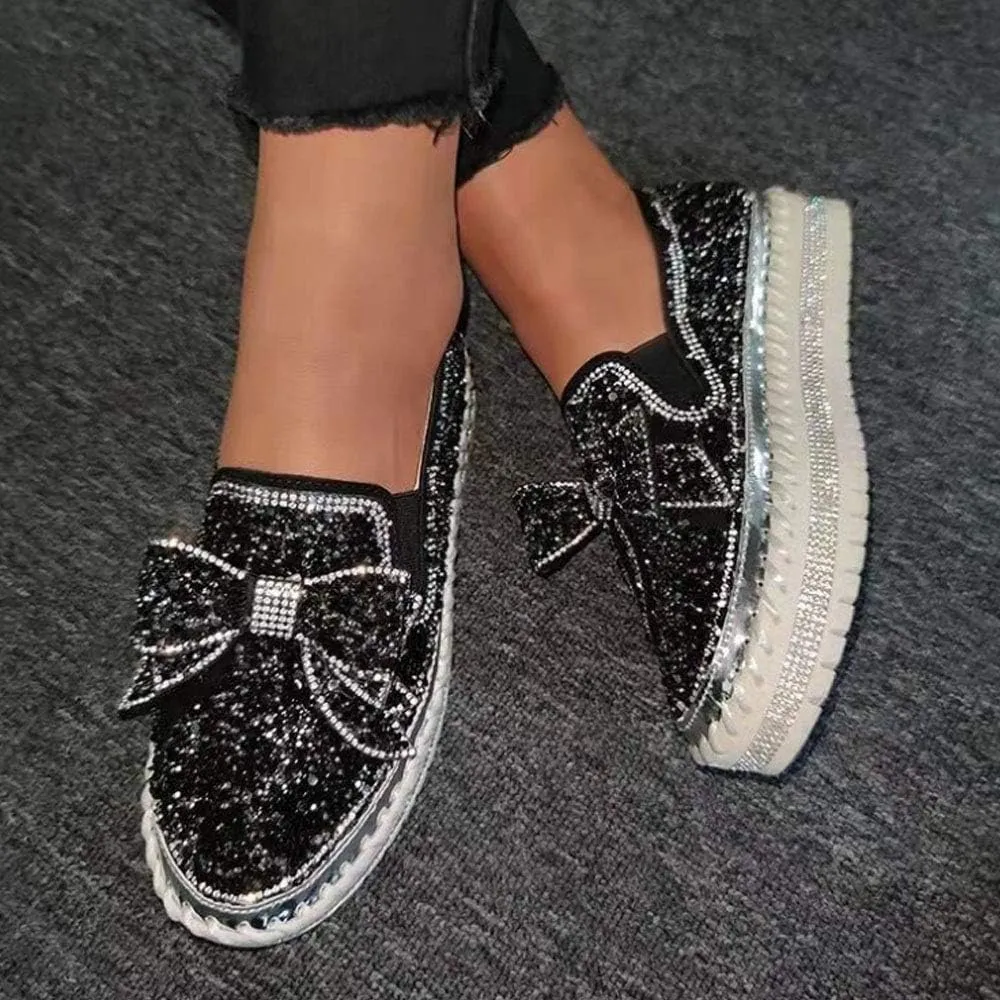 QINGCOMFACAI Women's Rhinestones Glitter Slip On Sneakers Cute Bowknot Flat Walking Loafers Platform Dress Shoes