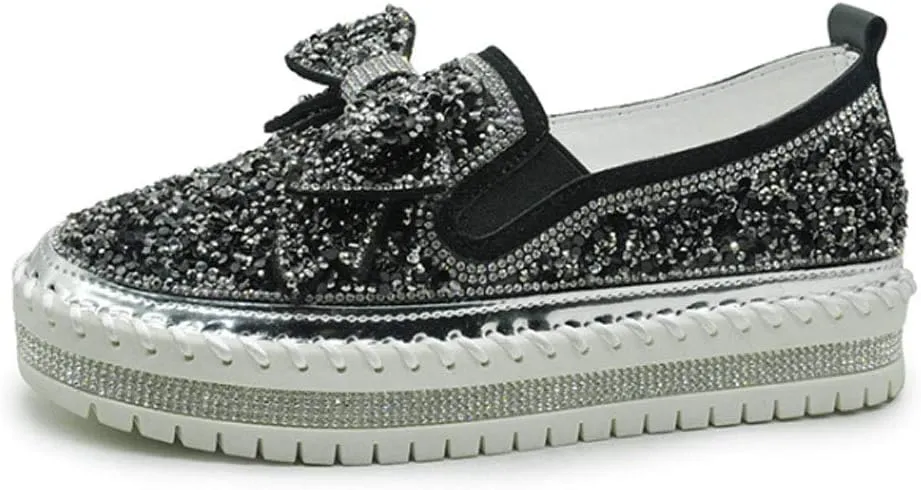 QINGCOMFACAI Women's Rhinestones Glitter Slip On Sneakers Cute Bowknot Flat Walking Loafers Platform Dress Shoes
