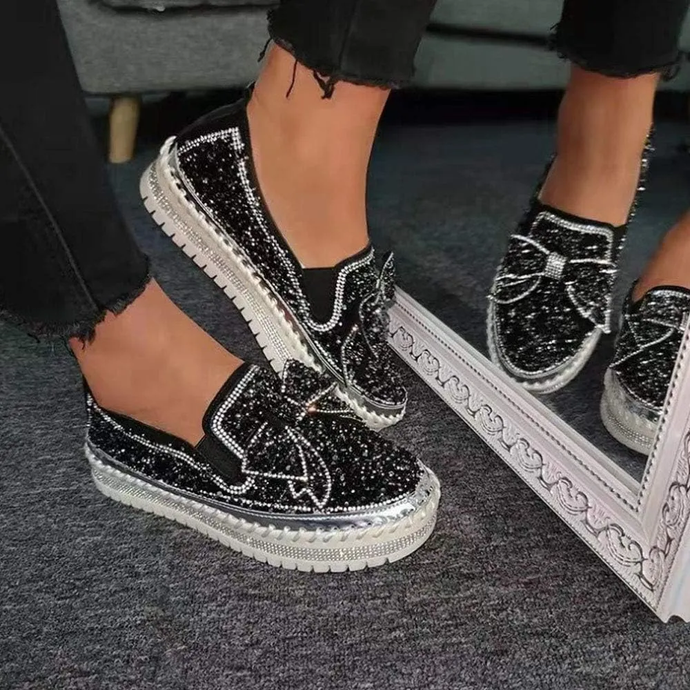 QINGCOMFACAI Women's Rhinestones Glitter Slip On Sneakers Cute Bowknot Flat Walking Loafers Platform Dress Shoes