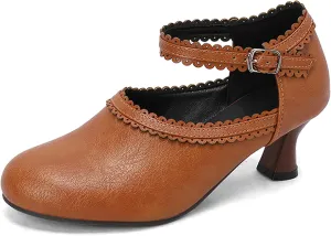 Retro Kitten Heel Ankle Strap Round Toe Women Shoes