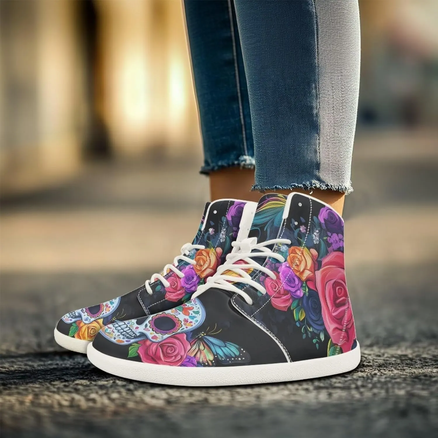 Rose Skull Print Women High Top Barefoot Shoes Wide Toe Sneakers Casual Sports Sneakers Minimalist Zero Drop Ankle Support Shoes