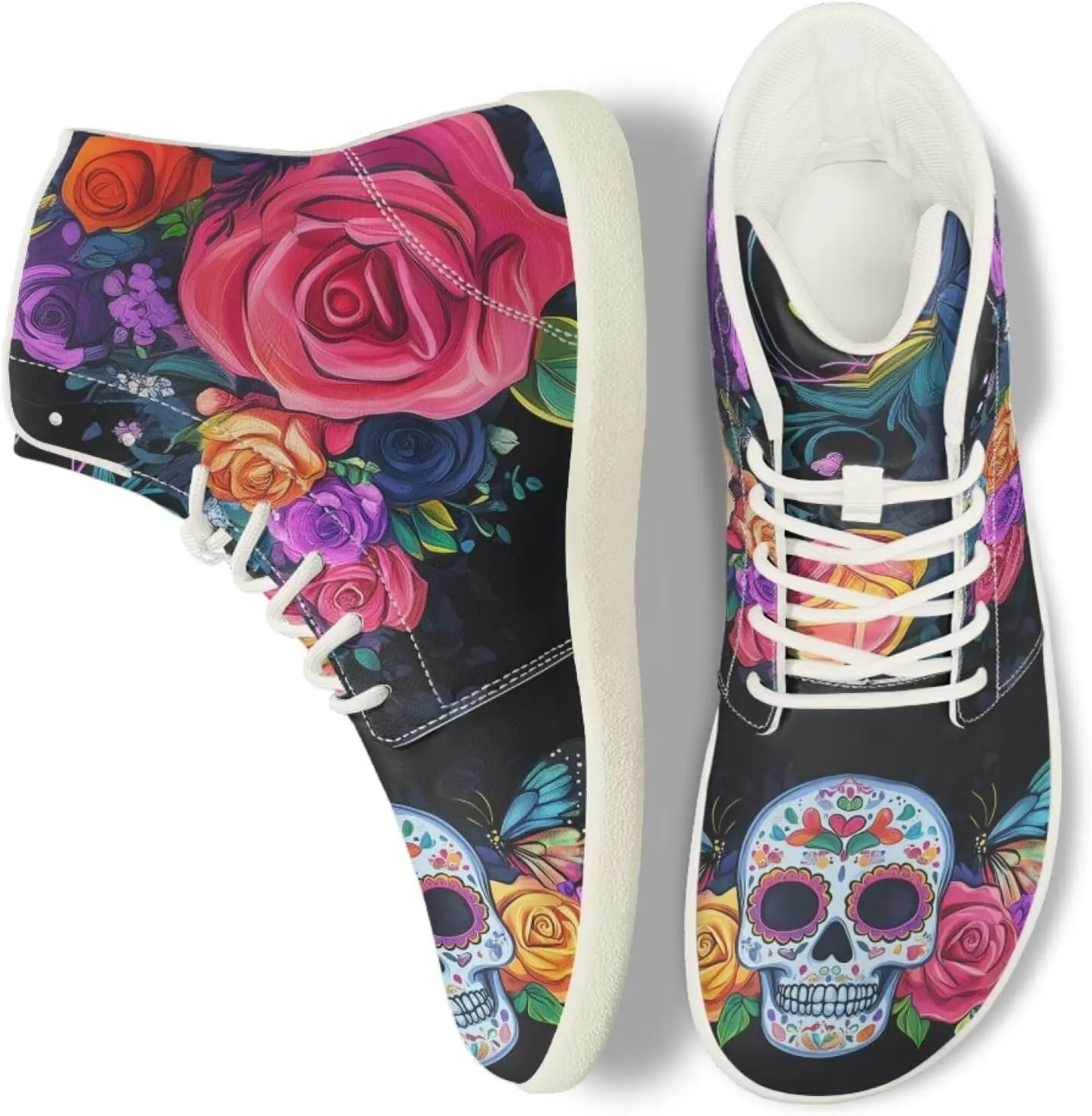 Rose Skull Print Women High Top Barefoot Shoes Wide Toe Sneakers Casual Sports Sneakers Minimalist Zero Drop Ankle Support Shoes