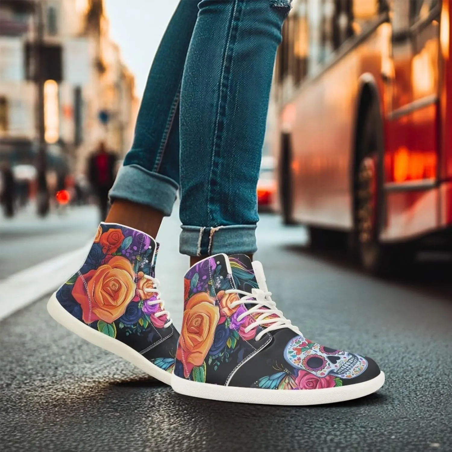 Rose Skull Print Women High Top Barefoot Shoes Wide Toe Sneakers Casual Sports Sneakers Minimalist Zero Drop Ankle Support Shoes