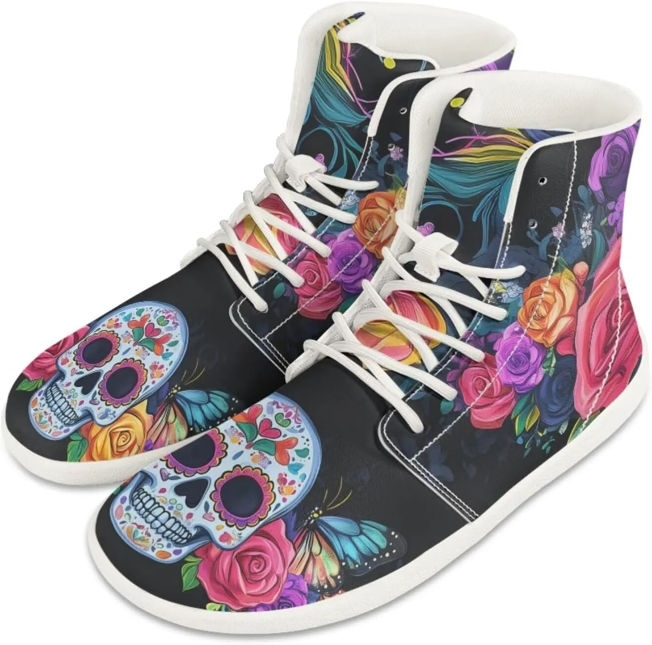 Rose Skull Print Women High Top Barefoot Shoes Wide Toe Sneakers Casual Sports Sneakers Minimalist Zero Drop Ankle Support Shoes