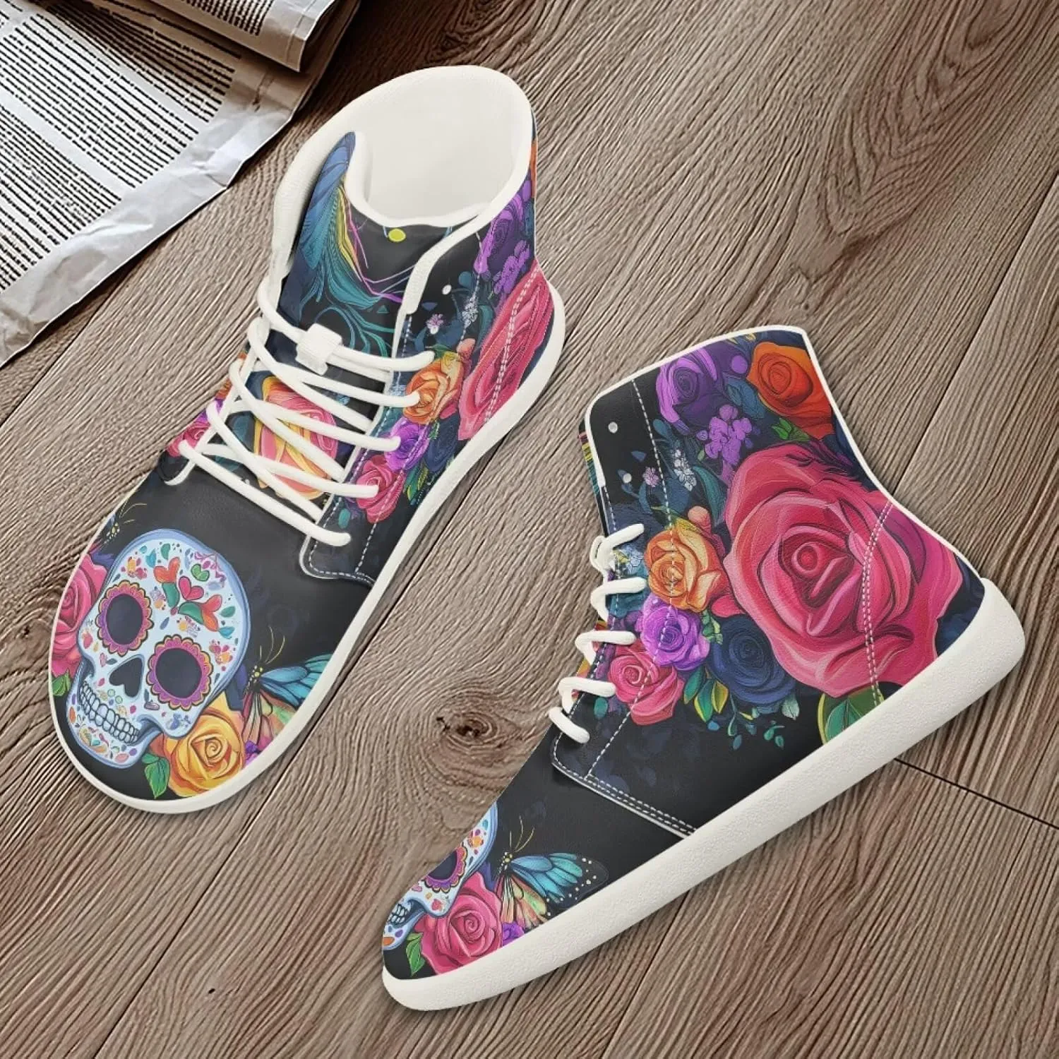 Rose Skull Print Women High Top Barefoot Shoes Wide Toe Sneakers Casual Sports Sneakers Minimalist Zero Drop Ankle Support Shoes