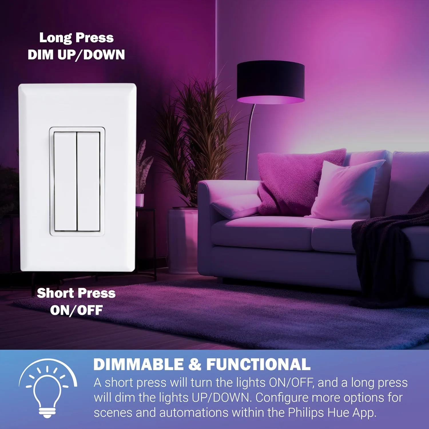 RunLessWire Click for Philips Hue Wireless Battery Free Dimming Smart Switch Friends of Hue Bulb Lighting Control Works with All Home Automation Hubs Through Bridge & App Self Powered - Light Almond