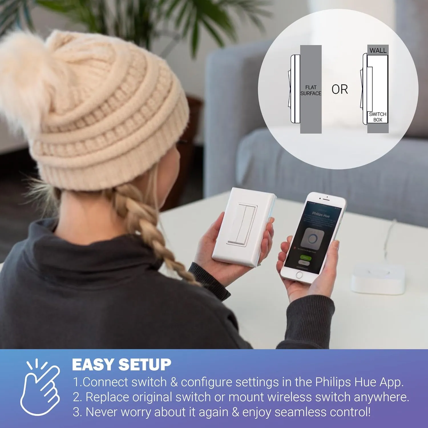 RunLessWire Click for Philips Hue Wireless Battery Free Dimming Smart Switch Friends of Hue Bulb Lighting Control Works with All Home Automation Hubs Through Bridge & App Self Powered - Light Almond