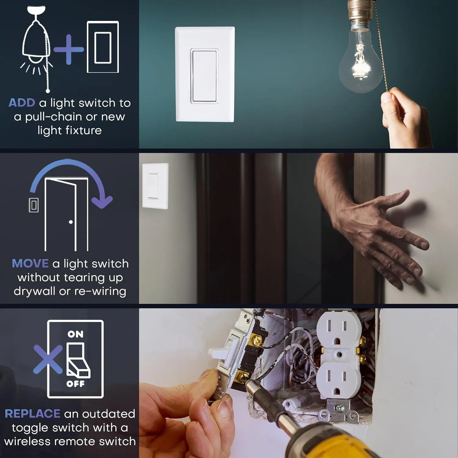RunLessWire Single Pole Remote Light Switch Kit Wireless Battery-Free Self-Powered Kinetic DIY Wall Switch 150ft RF Range - Basic: 1 On/Off Receiver, 1 Switch - Ivory