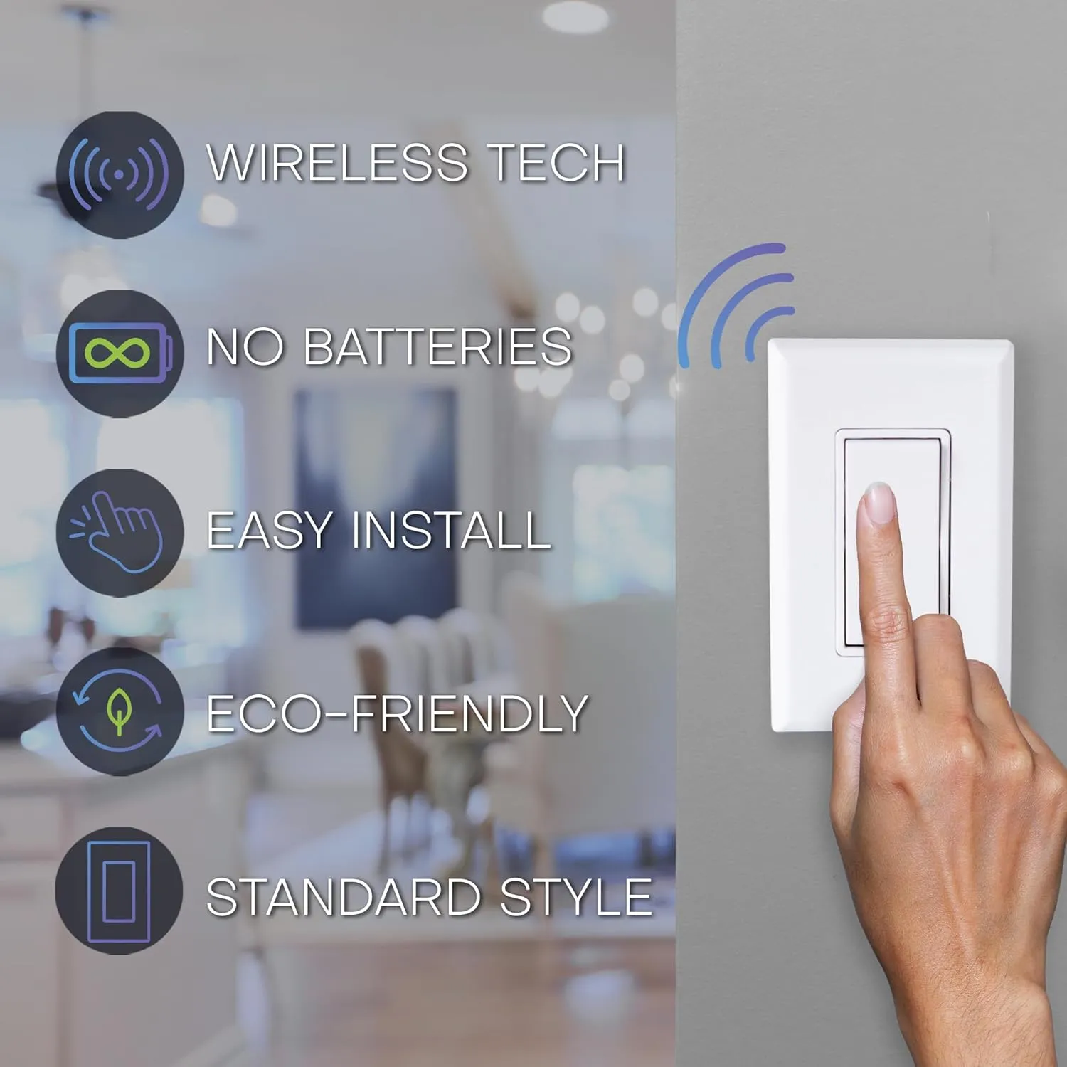 RunLessWire Single Pole Remote Light Switch Kit Wireless Battery-Free Self-Powered Kinetic DIY Wall Switch 150ft RF Range - Basic: 1 On/Off Receiver, 1 Switch - Ivory