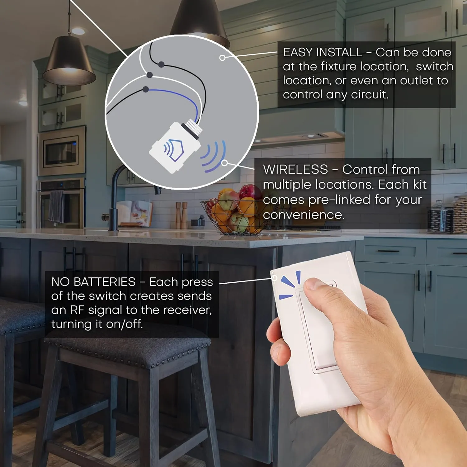 RunLessWire Single Pole Remote Light Switch Kit Wireless Battery-Free Self-Powered Kinetic DIY Wall Switch 150ft RF Range - Basic: 1 On/Off Receiver, 1 Switch - Ivory