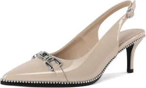 SAMMITOP Slingback Heels for Women Pointed Toe Kitten Low Heel Pumps Silver Beaded Metal Buckle Comfortable Slip On Party Prom Dress Shoes 2.4 Inch