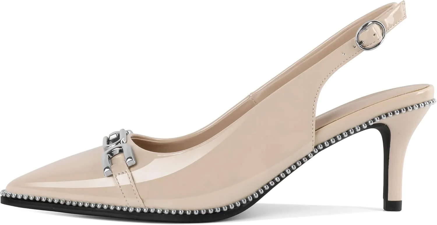 SAMMITOP Slingback Heels for Women Pointed Toe Kitten Low Heel Pumps Silver Beaded Metal Buckle Comfortable Slip On Party Prom Dress Shoes 2.4 Inch