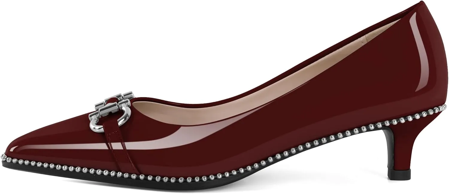 SAMMITOP Women Kitten Heel Pumps Pointed Toe Low Heels Slip On Silver Beaded Metal Buckle Wedding Party Dress Shoes 1.5 Inch