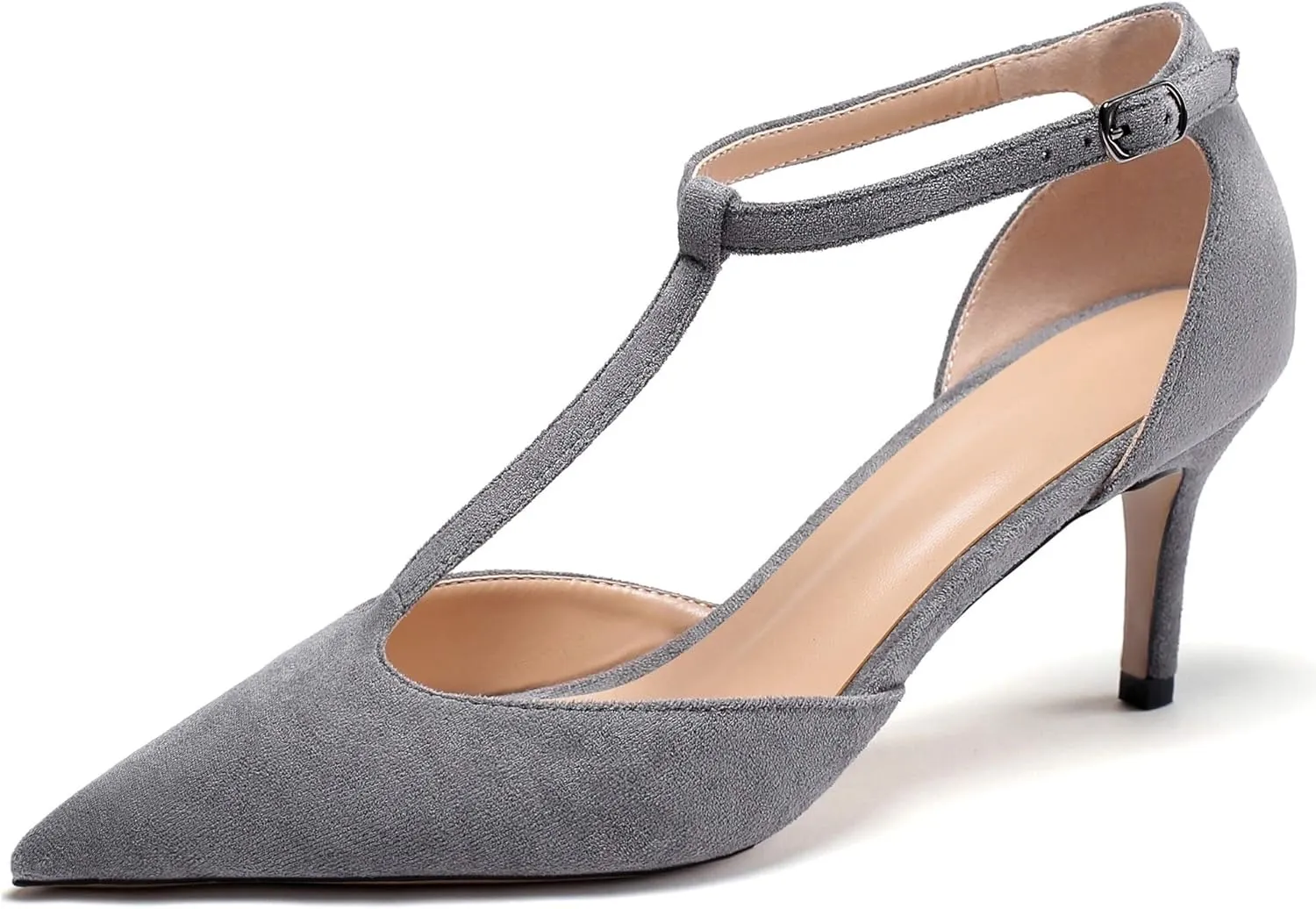 SAMMITOP Women's Kitten Heel Pointed Toe Pumps Ankle Strap Mid Heel T-bar Dress Shoes