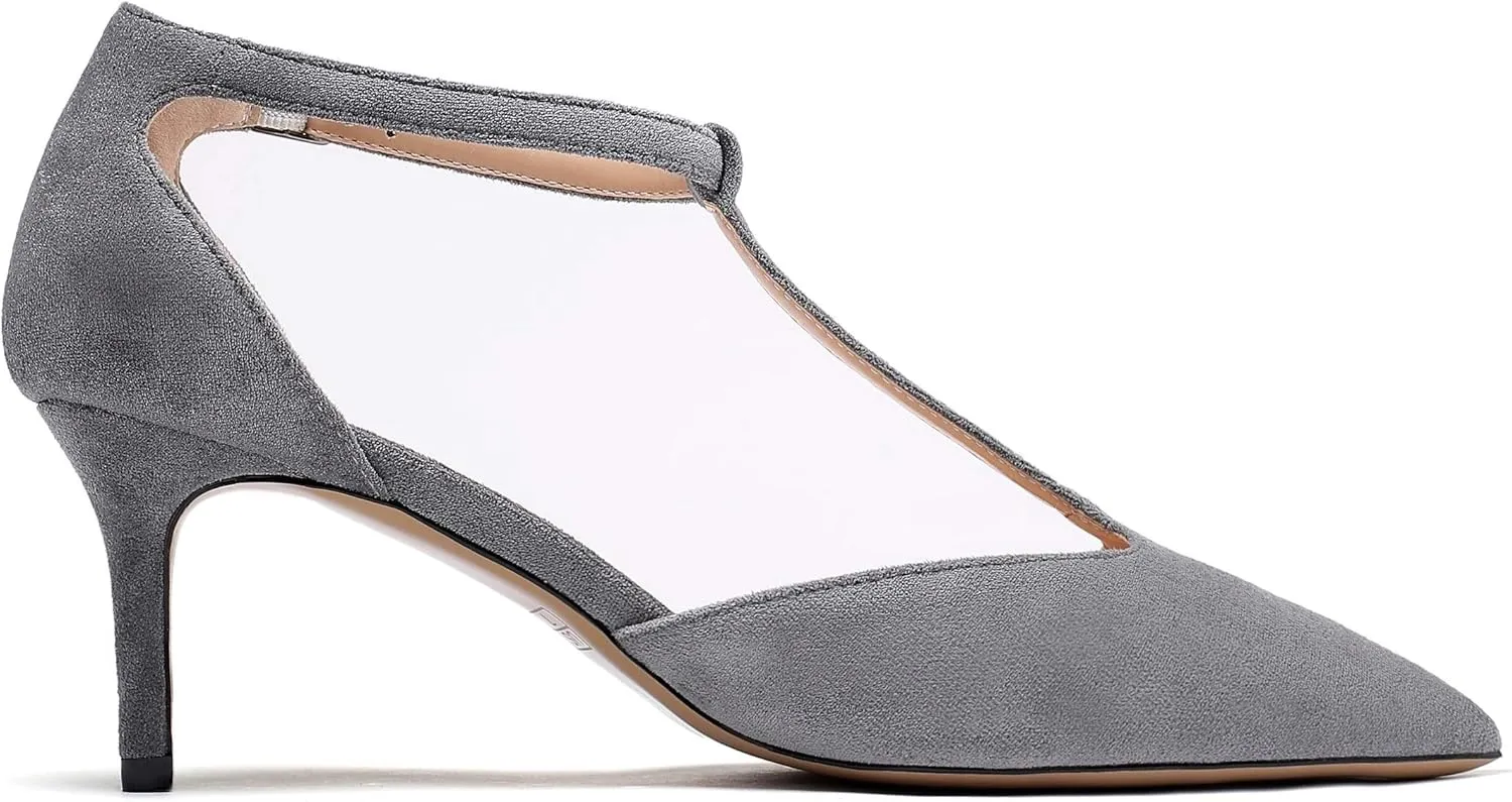 SAMMITOP Women's Kitten Heel Pointed Toe Pumps Ankle Strap Mid Heel T-bar Dress Shoes