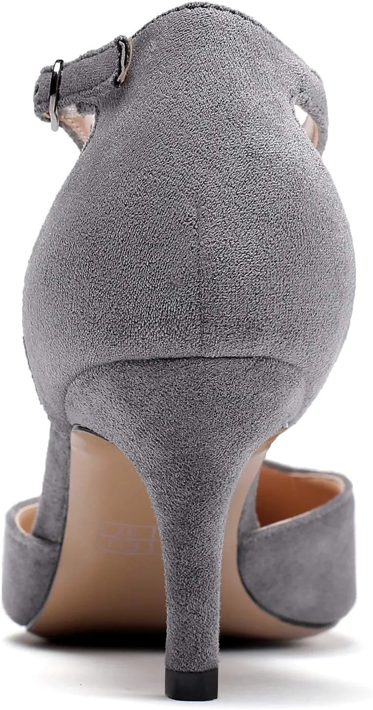 SAMMITOP Women's Kitten Heel Pointed Toe Pumps Ankle Strap Mid Heel T-bar Dress Shoes