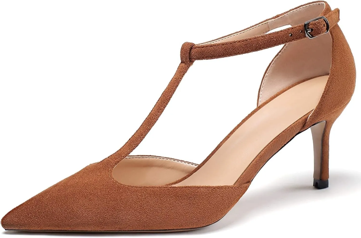 SAMMITOP Women's Kitten Heel Pointed Toe Pumps Ankle Strap Mid Heel T-bar Dress Shoes