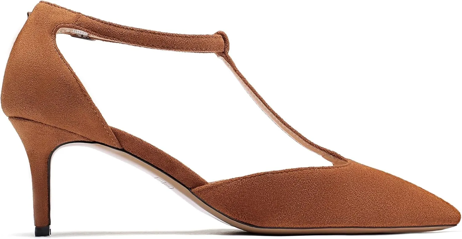 SAMMITOP Women's Kitten Heel Pointed Toe Pumps Ankle Strap Mid Heel T-bar Dress Shoes