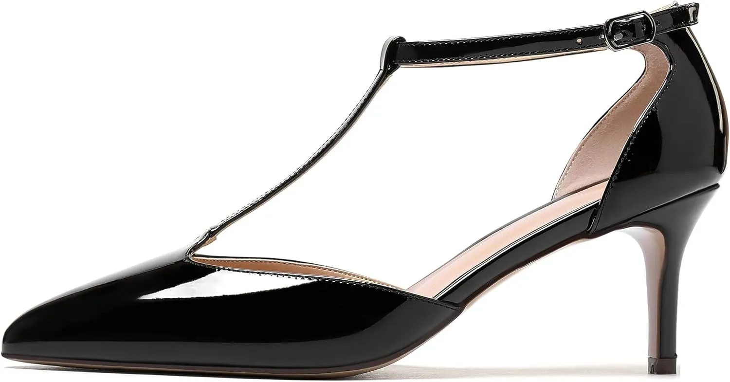 SAMMITOP Women's Kitten Heel Pointed Toe Pumps Ankle Strap Mid Heel T-bar Dress Shoes