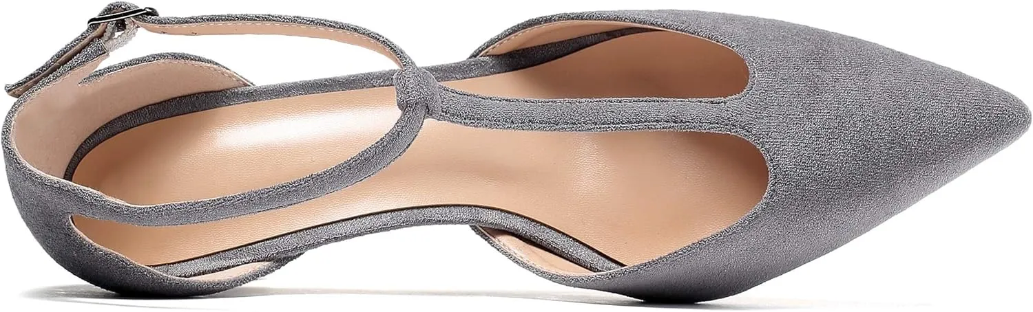 SAMMITOP Women's Kitten Heel Pointed Toe Pumps Ankle Strap Mid Heel T-bar Dress Shoes