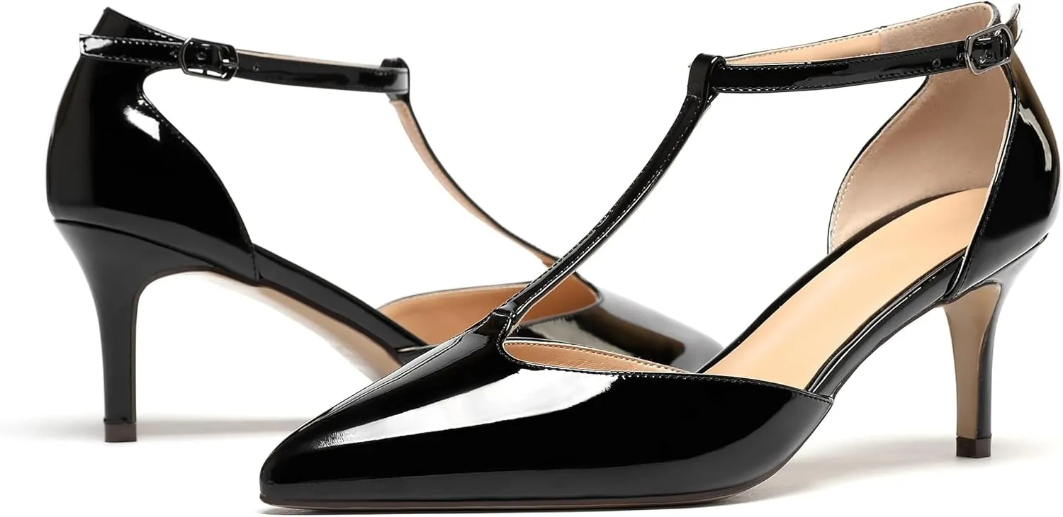 SAMMITOP Women's Kitten Heel Pointed Toe Pumps Ankle Strap Mid Heel T-bar Dress Shoes