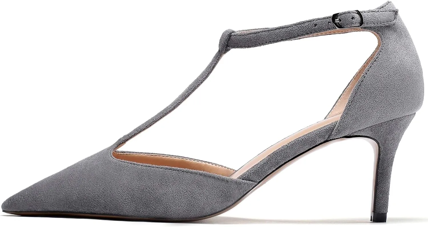SAMMITOP Women's Kitten Heel Pointed Toe Pumps Ankle Strap Mid Heel T-bar Dress Shoes