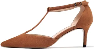 SAMMITOP Women's Kitten Heel Pointed Toe Pumps Ankle Strap Mid Heel T-bar Dress Shoes