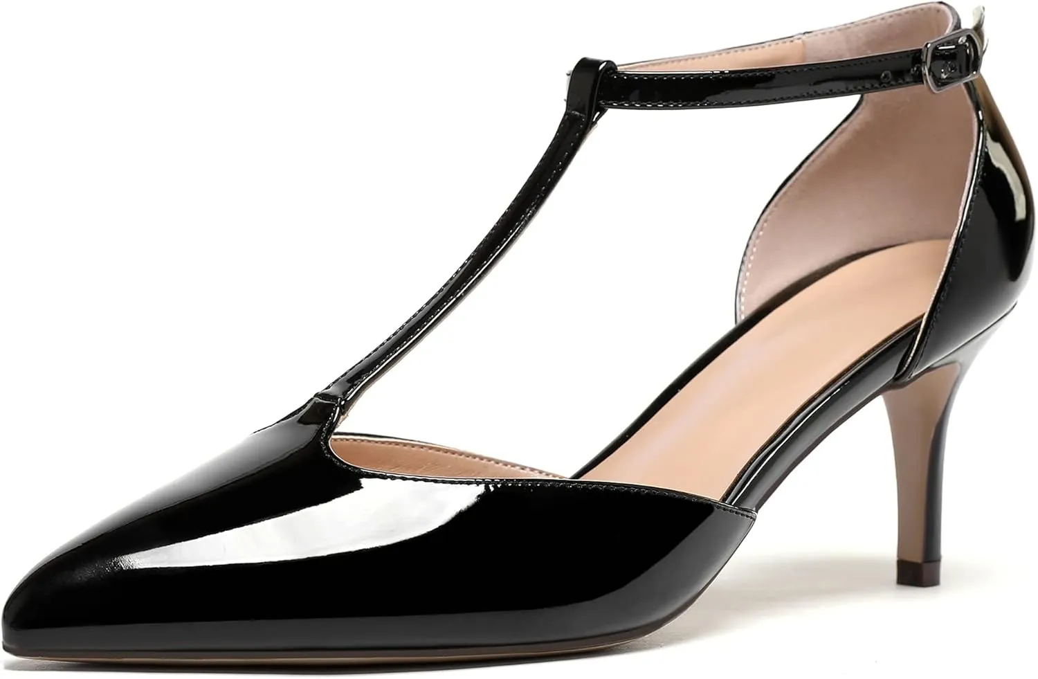 SAMMITOP Women's Kitten Heel Pointed Toe Pumps Ankle Strap Mid Heel T-bar Dress Shoes