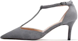 SAMMITOP Women's Kitten Heel Pointed Toe Pumps Ankle Strap Mid Heel T-bar Dress Shoes