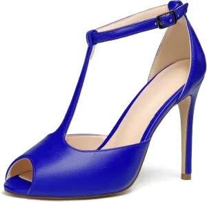 SAMMITOP Women's Peep Toe T-Strap Sandals Ankle Strap Buckle Closure High Heel Dress Shoes
