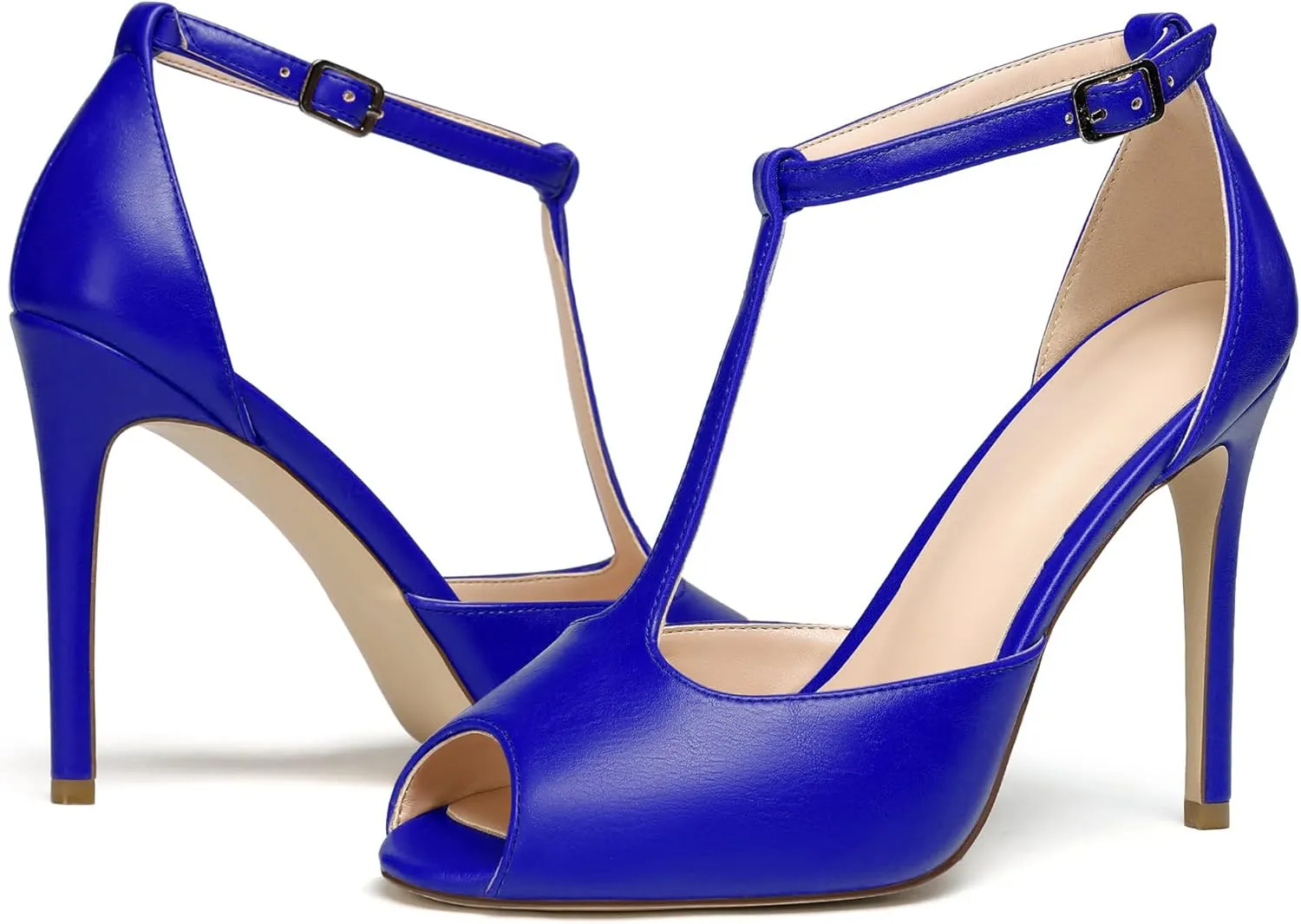 SAMMITOP Women's Peep Toe T-Strap Sandals Ankle Strap Buckle Closure High Heel Dress Shoes