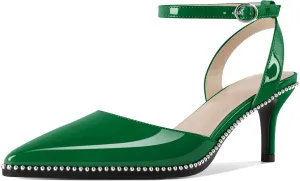SAMMITOP Womens Slingback Kitten Heels Pointed Toe Low Heel Ankle Strap Pumps Slip On Comfortable Wedding Party Beaded Dress Shoes 2.4 Inch