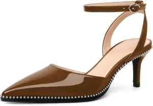 SAMMITOP Womens Slingback Kitten Heels Pointed Toe Low Heel Ankle Strap Pumps Slip On Comfortable Wedding Party Beaded Dress Shoes 2.4 Inch