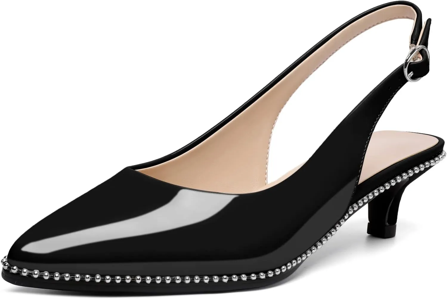 SAMMITOP Women's Slingback Kitten Heels Pointed Toe Low Heel Beaded Pumps with Ankle Strap Wedding Party Dressy Court Patent Shoes