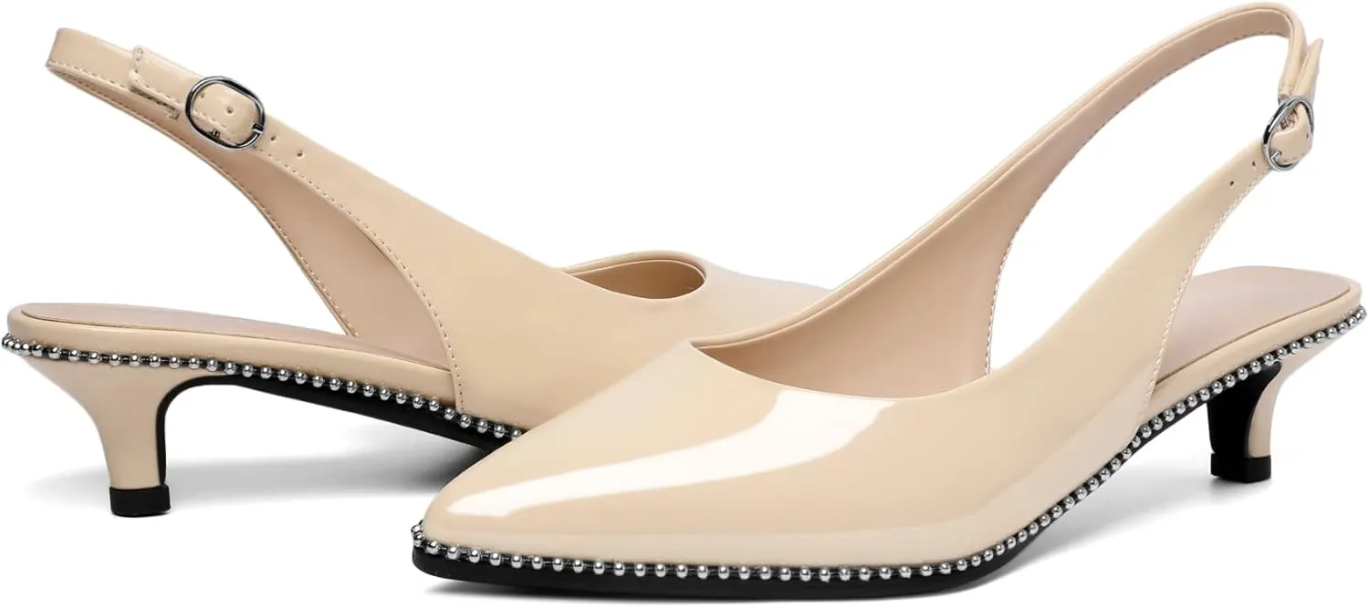 SAMMITOP Women's Slingback Kitten Heels Pointed Toe Low Heel Beaded Pumps with Ankle Strap Wedding Party Dressy Court Patent Shoes