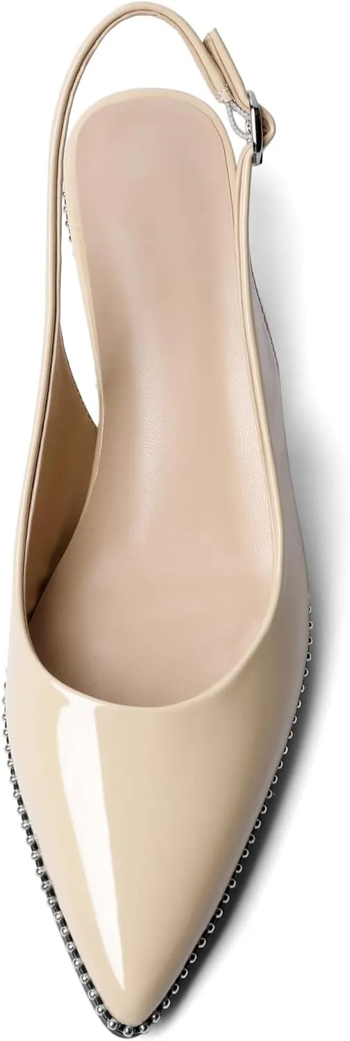 SAMMITOP Women's Slingback Kitten Heels Pointed Toe Low Heel Beaded Pumps with Ankle Strap Wedding Party Dressy Court Patent Shoes