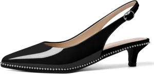 SAMMITOP Women's Slingback Kitten Heels Pointed Toe Low Heel Beaded Pumps with Ankle Strap Wedding Party Dressy Court Patent Shoes