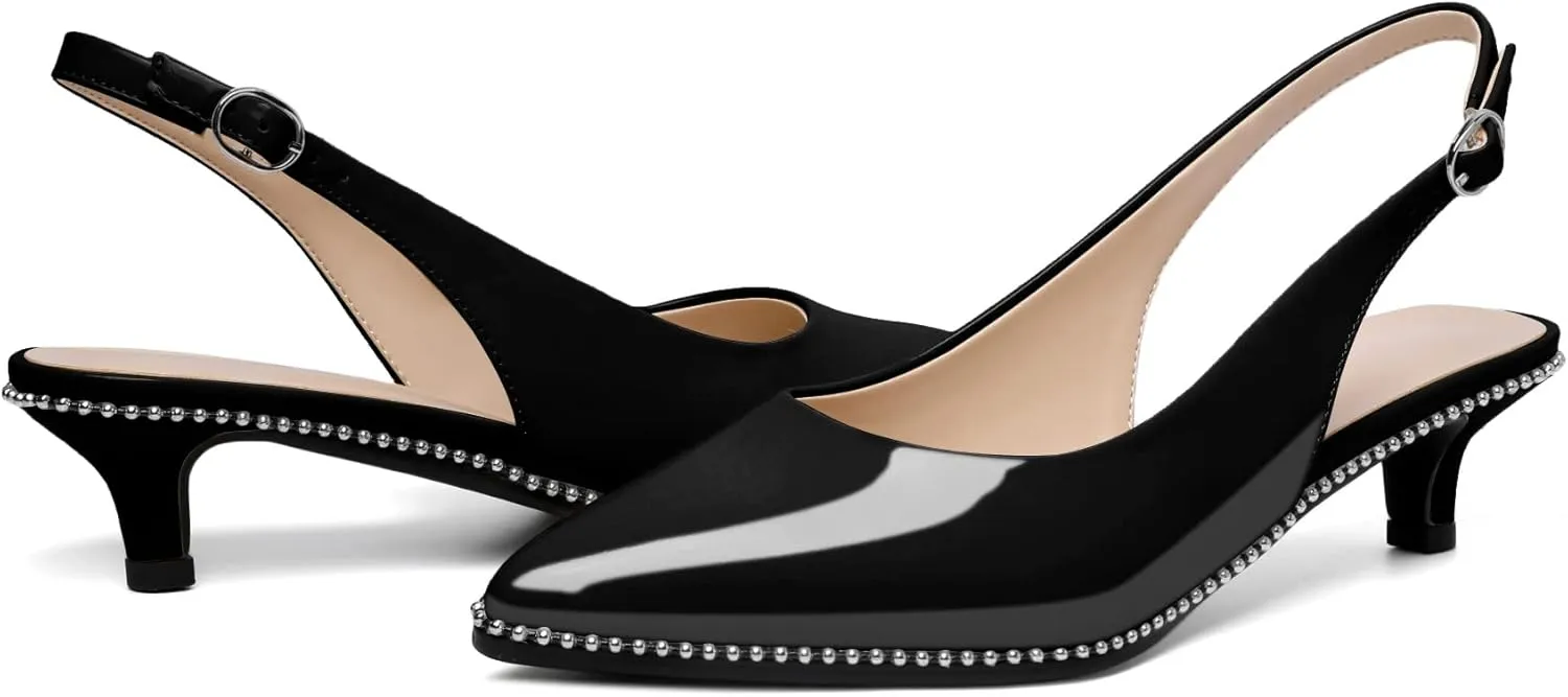 SAMMITOP Women's Slingback Kitten Heels Pointed Toe Low Heel Beaded Pumps with Ankle Strap Wedding Party Dressy Court Patent Shoes